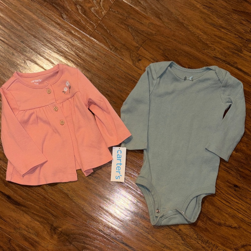 Carter's Coral Cardigan and Green Bodysuit Set